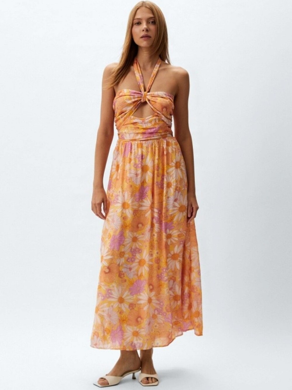 H&M Halter Neckline Cut Out Maxi Dress Pink & Orange Floral Summer Party LG